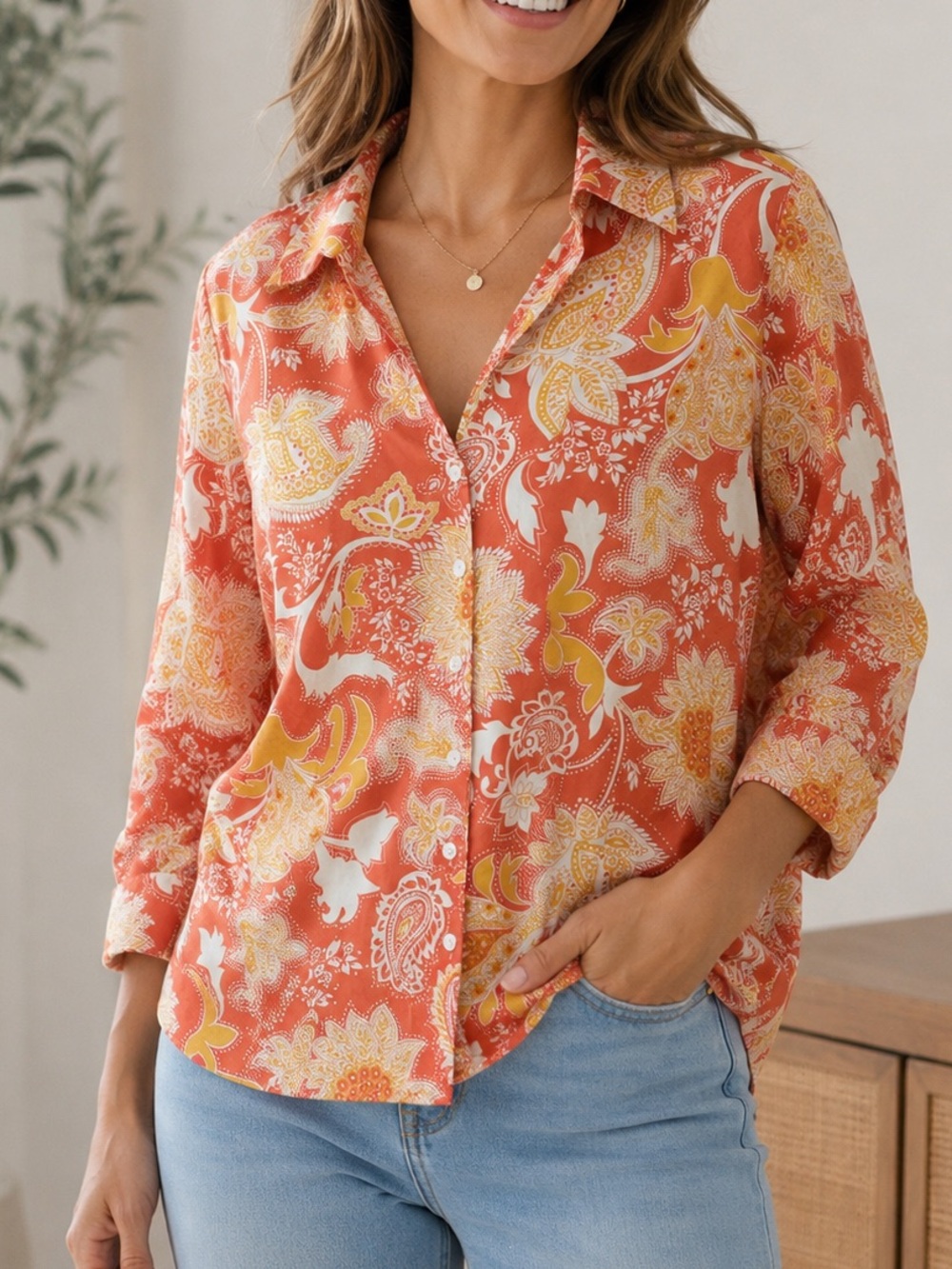 Cold water Creek Paisley Button-Front Shirt - Orange Floral